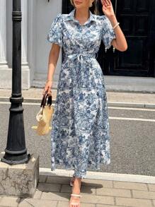 Pariaura Elegant French Style Turn-Down Collar Button Slim Fit Dress For Women - Multicolor - View 3