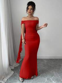 Women's Elegant Off Shoulder Ruffle Hem Mermaid Hem Dress, Summer - Red - View 5
