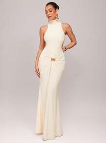 Silquee 女士优雅高领长袖露背性感鸡尾酒裙，金属扣装饰，勃艮第红和紫红色，弹力针织面料，及踝长，适合鸡尾酒会、浪漫约会、秋冬针织长裙、正式派对、婚礼、伴娘、晚礼服、万圣节、圣诞节 - 杏色 - 查看 4