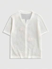 ROMWE MEN Casual Herren Sommer Urlaub durchsichtiges Vorderteil Knopf Floral Dekor Strick Top - Weiss - Übersicht 2