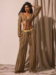 Musera Resort 系带条纹钩针针织阔腿裤仅限春夏季假期性感波西米亚风伊比沙岛节海滩泳装罩衫狂欢纹理秋季派对 - 彩色 - 查看 1