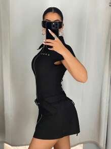 SHEIN ICON Y2K 女式夏季外出黑色哥特式金属孔眼嬉皮士前拉链短袖迷你连衣裙，夏季 - 黑色 - 查看 4