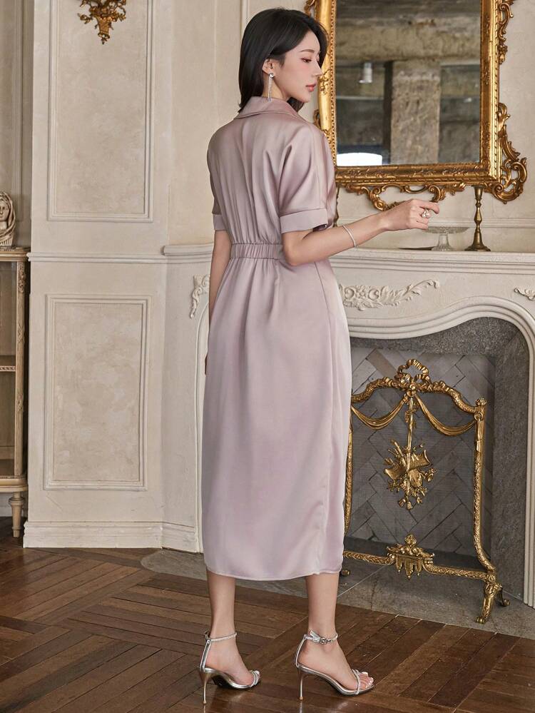 Solid Color V-Neck Pleat Slit Midi Dress For Women Cocktail Dress