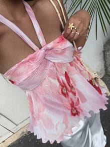 SHEIN EZwear 编织彩色女士夏季挂脖背心，时尚 - 粉色 - 查看 1