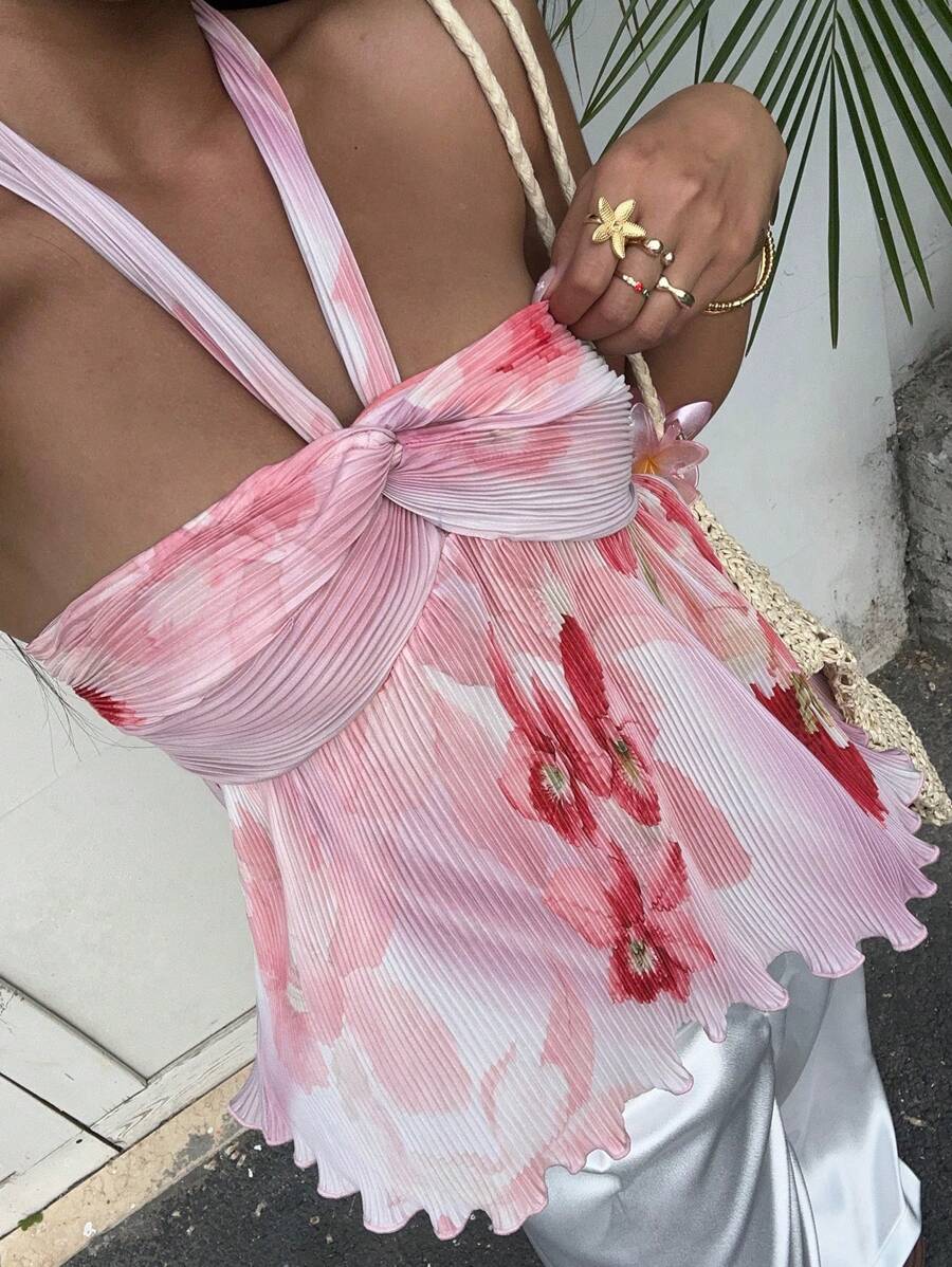 SHEIN EZwear 编织彩色女士夏季挂脖背心，时尚 - 粉色 - 查看 1