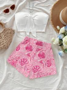 Soleia Bộ đồ đi nghỉ giản dị in hình vỏ sò thủ công phong cách biển màu hồng, thích hợp cho mùa hè và bãi biển, dành cho nữ - Nhiều màu - Xem 4