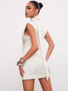 Hauture 夏季性感办公室纯色深 V 无袖西装连衣裙（配围巾）