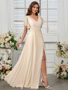 SHEIN Belle V-Neck, High Slit Chiffon Bridesmaid Dress (Adult) - Apricot - View 3