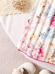 SHEIN Cute Baby Girl Summer Vacation Floral Print Pleated Loose Mini Dress With Cap Sleeves - Multicolor - View 5