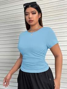 SHEIN EZwear Plus Size Ruched Waist Detail Stretchy T-Shirt - Blue - View 7