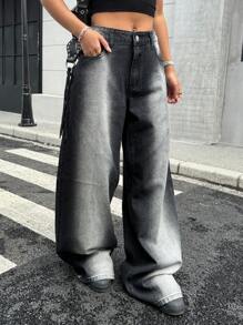 SHEIN EZwear Women's Casual Extra Long Black Denim Jeans With Zipper Details And A Stylish Two-Tone Fade