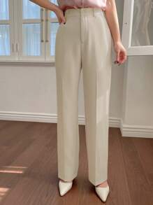 DAZY Pantalones de vestir casuales de unicolor con bolsillo, pantalones de vestir de mujer de tiro bajo - Caqui - Ver 3