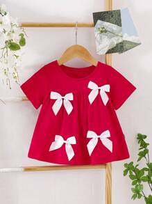 SHEIN Baby Girl Casual Simple Comfortable Round Neck Short Sleeve Colorblock Bow Decor T-Shirt - Red - View 1