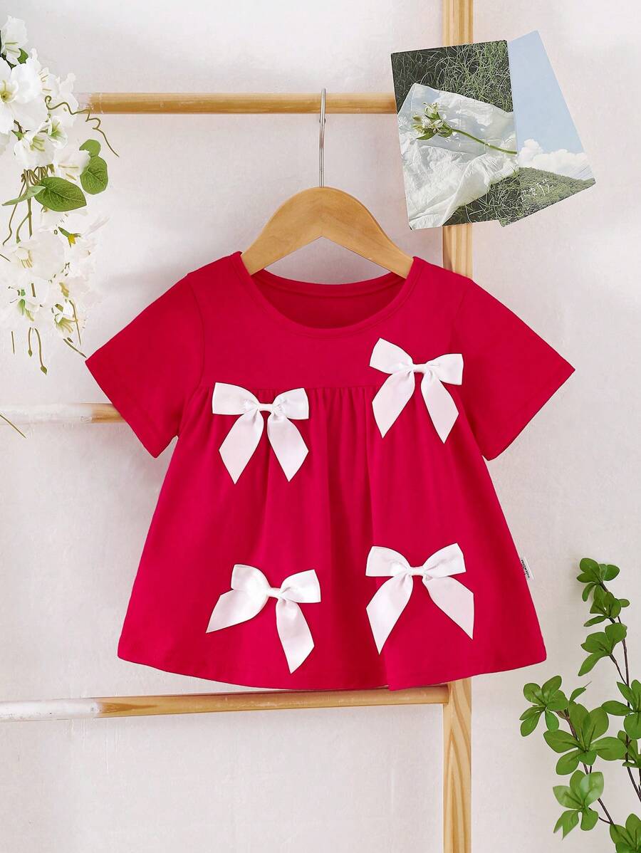 SHEIN Baby Girl Casual Simple Comfortable Round Neck Short Sleeve Colorblock Bow Decor T-Shirt - Red - View 1