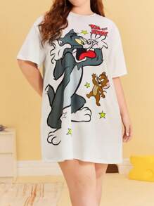 TOM & JERRY X SHEIN Plus Size  Summer  Y2K Cleanfit Casual Rave Outfits Festival  Punk Cover Up  Retro Vintage Cartoon Casual Cute Funny White  Cat Star Print Round Neck Casual Short Sleeve Sleep Dress