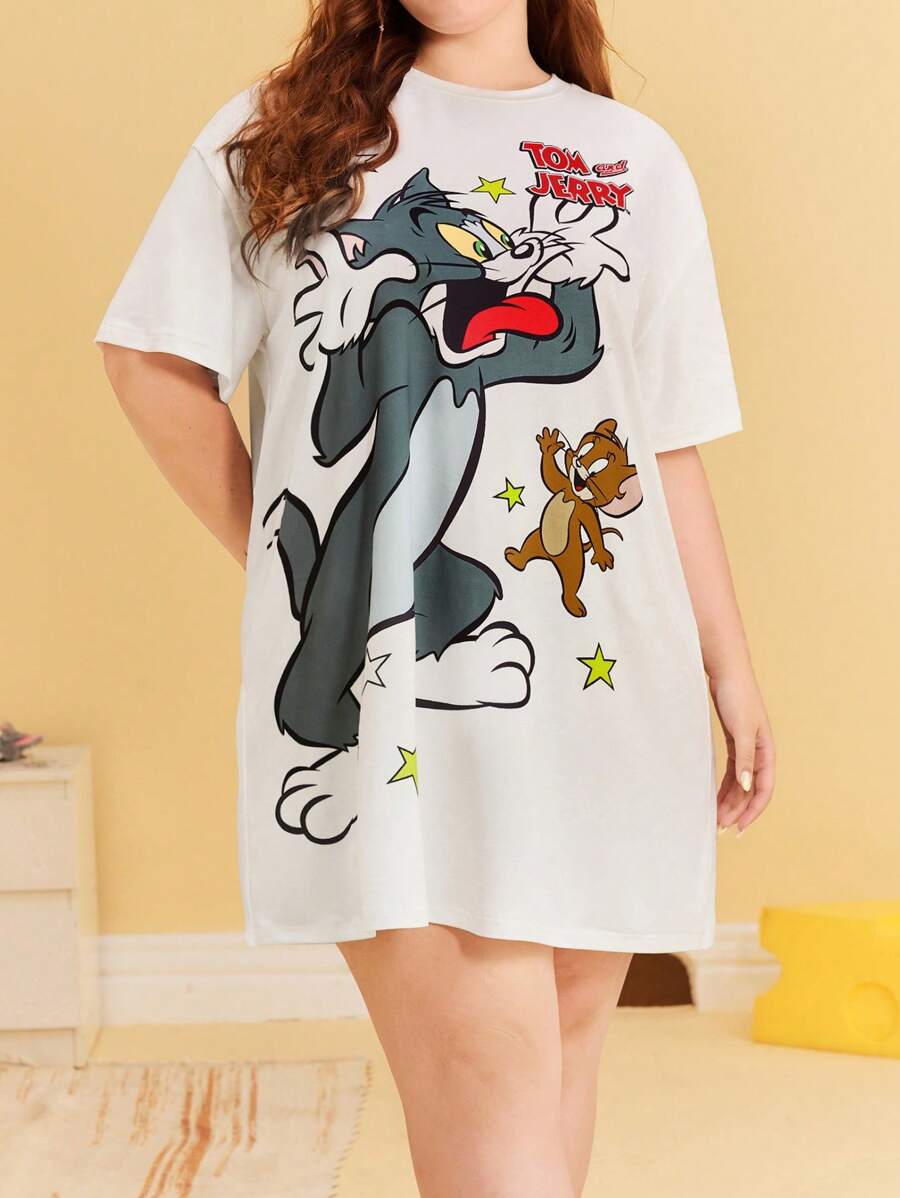 TOM & JERRY X SHEIN Plus Size  Summer  Y2K Cleanfit Casual Rave Outfits Festival  Punk Cover Up  Retro Vintage Cartoon Casual Cute Funny White  Cat Star Print Round Neck Casual Short Sleeve Sleep Dress