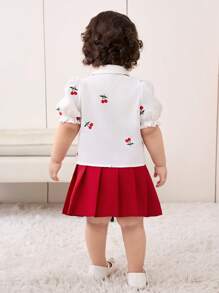 Babygirl Cherry Print Short Sleeve Blouse And Pleated Elastic Waist Skirt Set, Summer - White - View 2