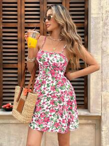 SHEIN Frenchy Vestito mini con stampa floreale, senza schienale e con nodo, stile vacanza per donna