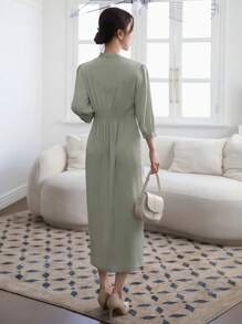 DAZY Vestido midi de mangas 3/4 con cuello en V plisado, bajo hendido y ajuste entallado, de unicolor, diseño elegante de verano para mujeres