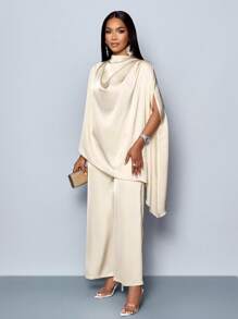 SOLERSUN Women's Fashionable Solid Color Elegant Mock Neck Stylish And Sophisticated Batwing Sleeve Satin Asymmetrical Hem Blouse & Straight-Leg Elegant Long Pants Sets Fall Cloth For Women