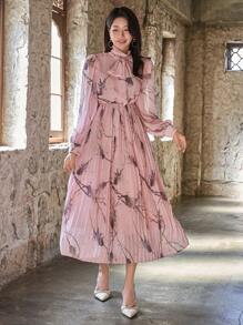 DAZY Vestido plisado de manga farol con estampado floral elegante, vestido de manga larga para primavera/otoño - Rosa - Ver 3