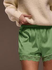 MUSERA Elasticated Satin Pull On Lace Trim Shorts Cute Summer Vacation Boho Summer Cute Fall Autumn Winter Holiday - Green - View 5