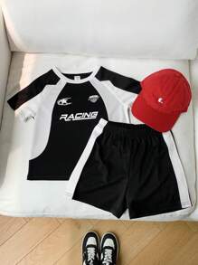 SHEIN 2pcs Young Boys Casual Comfortable Contrasting Color Raglan Sleeve T-Shirt And Shorts Set, Suitable For Spring & Summer Outdoor Wear - Multicolor - View 4