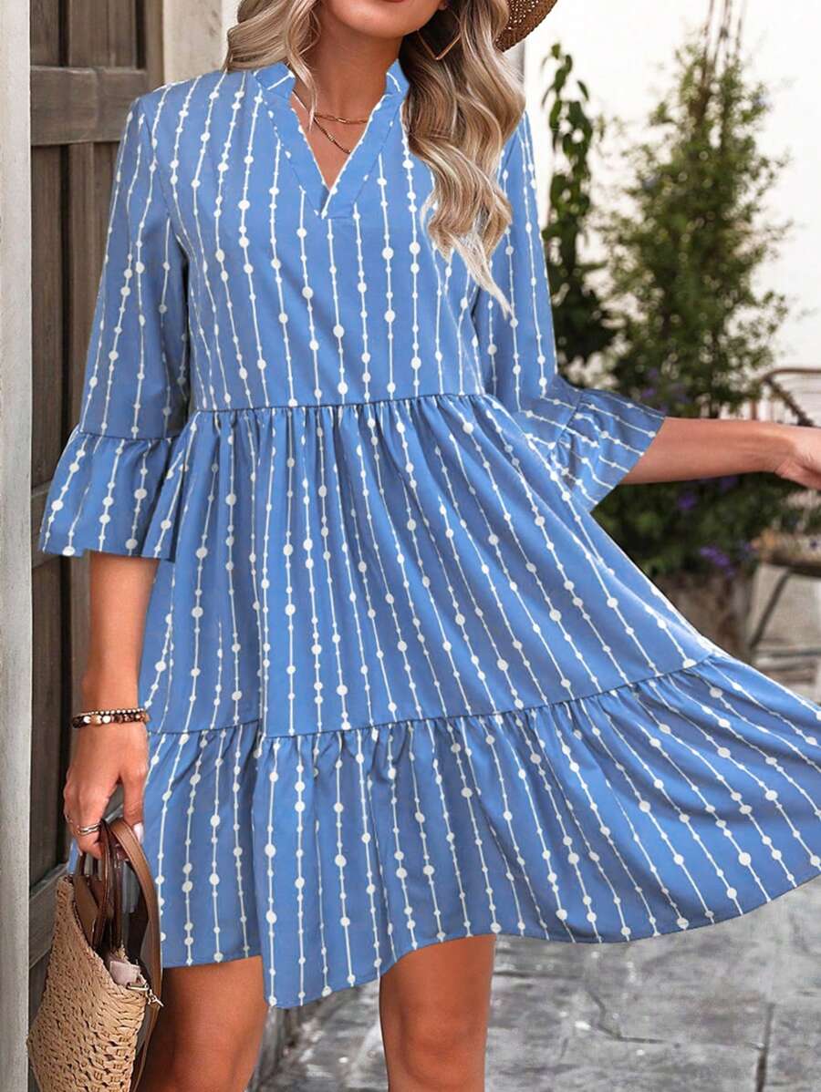 SHEIN Clasi 女式几何条纹和圆点印花 V 领 3/4 袖宽松套头连衣裙,休闲优雅假日通勤 - 彩色 - 查看 1