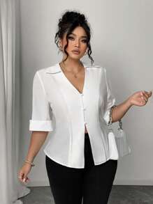 Elenzga Plus Size Soft Woven Fabric V-Neck Lapel Cardigan, Fitted Waist A-Line Hem, 3/4 Sleeves Cuff Turnup, Casual Commuter Shirt - White - View 3