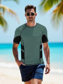 Manfinity Men's Summer Beach Surfing Contrast Sleeve T-Shirt, Hawaiian - Army Green - View 1