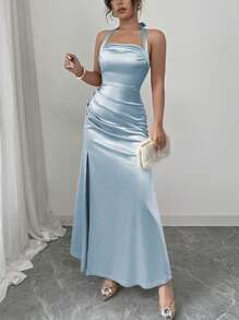 Rafferiza Elegant Champagne Color Bodycon Camisole Satin Hem Side Slit Dress - Baby Blue - View 5