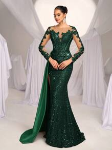 Glamrae Elegant Luxurious Embroidered Sequin Lace Satin Ruched Slit Fishtail Maxi Dress With Train,Formal Gown For Wedding Guest,Parties,Galas,Valentine's Day - Dark Green - View 4