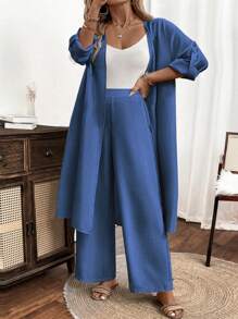 EMERY ROSE Plus-Size Ladies' Woven Leisure Vacation Summer Two Pieces Set - Blue - View 4