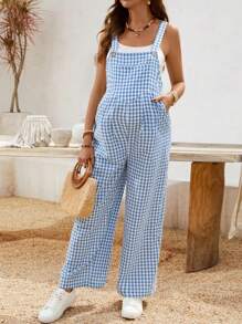 SHEIN Gasaul 度假格子阔腿孕妇连体裤 - 藍色 - 查看 5