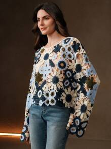 Anewsta Women Flower Hollow Knitted Long Sleeve Pullover Cover Up For Summer Beach Vacation