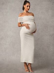 MaterniChic Elegant Off Shoulder Maternity Sun Dress - Apricot - View 3
