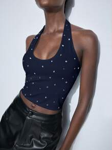 Maija 女士海军蓝U领水钻装饰简约时尚修身上衣，休闲日常、商务休闲、度假皆宜 - 藏蓝色 - 查看 1