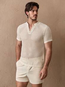 GENTILAND 2pcs/Set Men's Casual Knitted Jacquard Coin Pattern V-Neck Short Sleeve Shirt & Drawstring Waist Straight Leg Shorts Set - Apricot - View 1