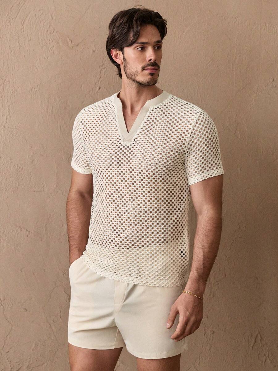 GENTILAND 2pcs/Set Men's Casual Knitted Jacquard Coin Pattern V-Neck Short Sleeve Shirt & Drawstring Waist Straight Leg Shorts Set - Apricot - View 1