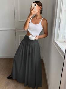 Serisse Women Side Zipper Pleated Solid Color Skirt Winter