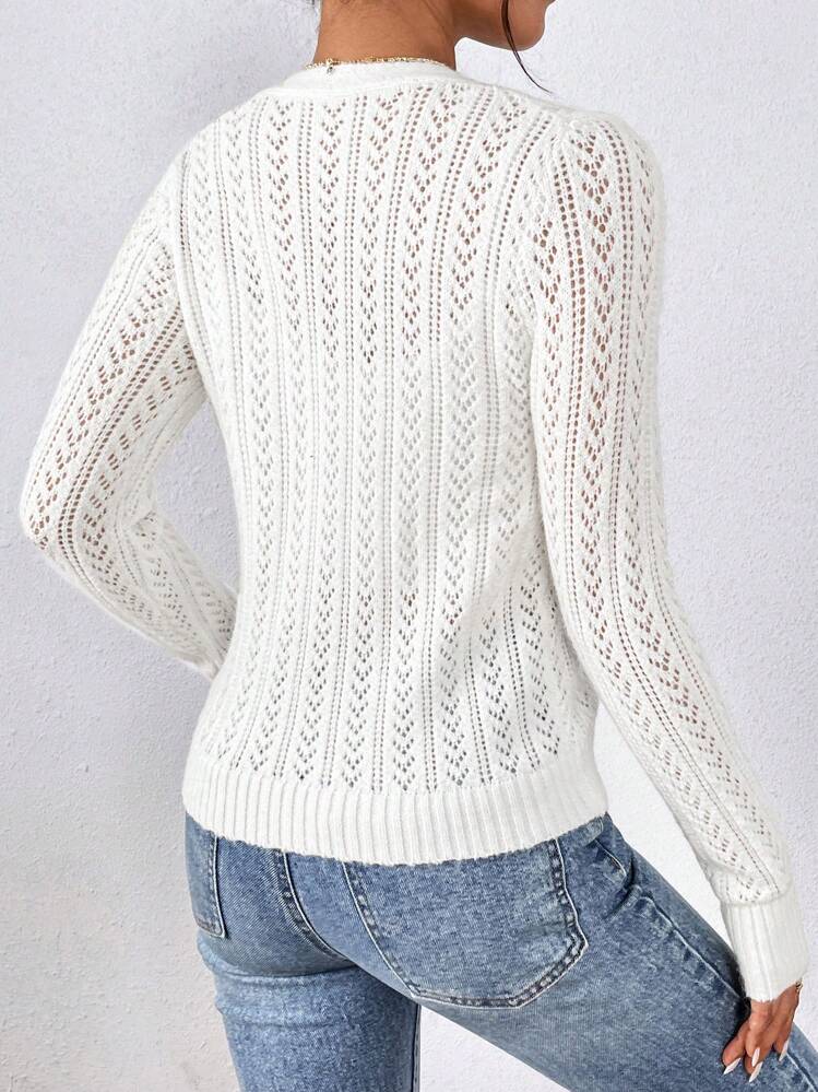 SHEIN Frenchy 女式纯色前扣休闲长袖开衫 - 白色 - 查看 2