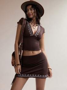 Easelle Vacation Boho Rave Outfits Festival Embroidered Deep V-Neck Bodycon Two Pieces For Women - Black - View 4