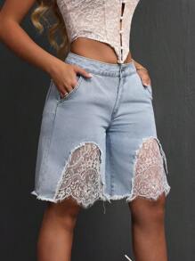 SHEIN SXY Women's Summer Fashion Contrast Color Lace Patchwork Denim Shorts