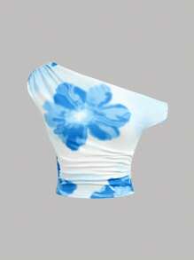 Girlism Teengirl 2 Pieces Set: Blue Casual Floral Pattern Asymmetrical Ruched Snug Fit Mini Skirt, Suitable For Summer, Vacation Outfits Young Girls Sets Summer Outfits 15 16