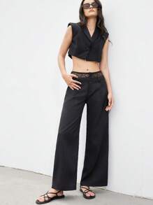 SHEIN Privé 2 piezas Elegante conjunto de chaleco y pantalones de mujer con parches de encaje y botones - Negro - Ver 3