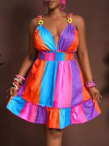 Slaydiva Sexy Vacation & Date Multicolor Ring Strap Waist A-Line Ruffle Hem Colorful Stripe Pattern Plus Size Women Dress, Spring/Summer - Multicolor - View 4