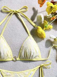 Swim Mod Women's Summer Holiday Beach Contrast Lace Halter Bikini Set - Yellow - View 3