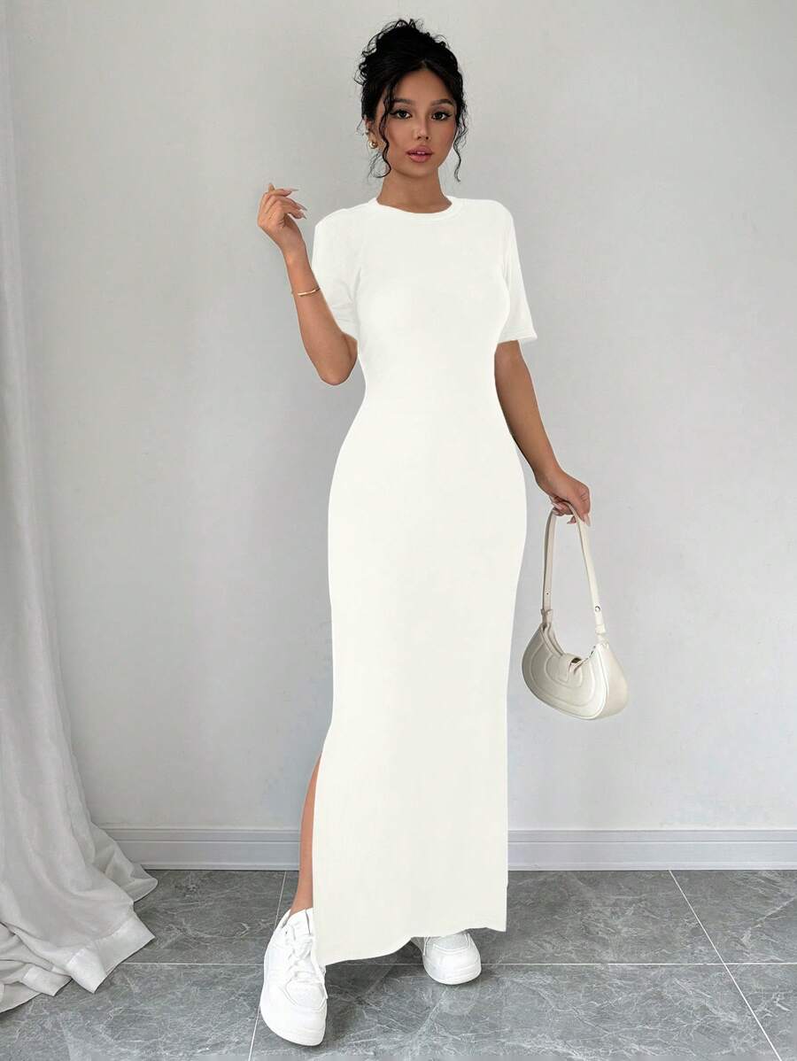 Selianne 女士V领开衩纯色短袖长裙女装 - 米色 - 查看 1