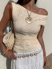 SHEIN Essnce Women Solid Color Lace Asymmetric Neck Elegant Short Sleeve T-Shirt - Apricot - View 4