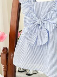 SHEIN LMoss Kids Babygirl Cute Summer Blue & White Striped Bow Ruffle Trim Loose Casual Dress - Blue and White - View 4